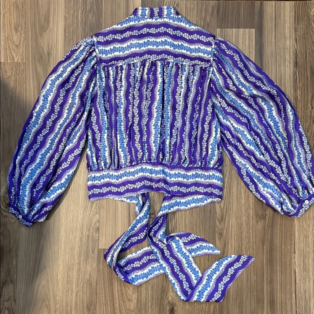 Sandro Silk Floral Stripe Purple Blue Balloon Sleeve Button Tie Cropped Blouse S - Picture 12 of 17